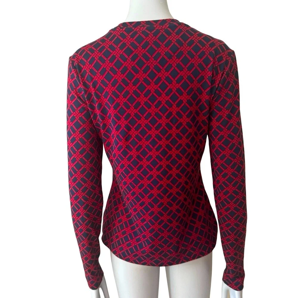 BROOKS BROTHERS Knit Top Long Sleeve Trellis Print Round Neck Red Navy Blue - Picture 7 of 12